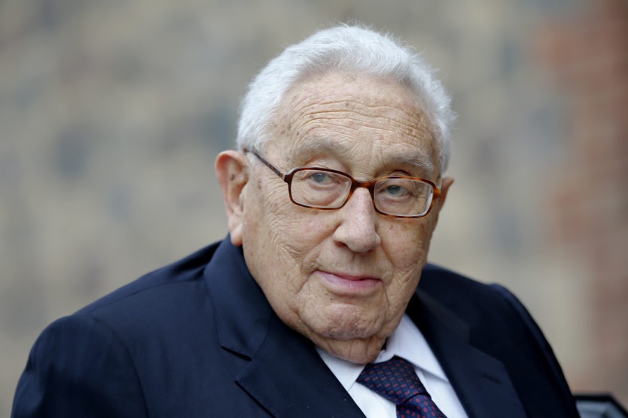 Former U.S. Secretary of State Kissinger arrives for a memorial service for late Social Democratic senior politician Bahr at St. Mary's Church in Berlin