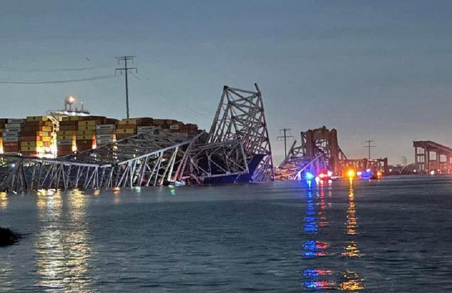 A view of the Francis Scott Key Bridge after it collapsed, in Baltimore