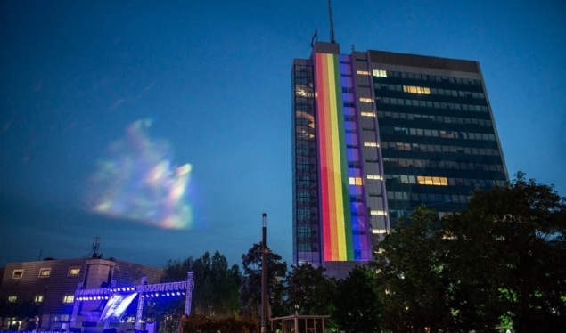 Kosovo’s government building has been lit up in the colors of the LGBT flag