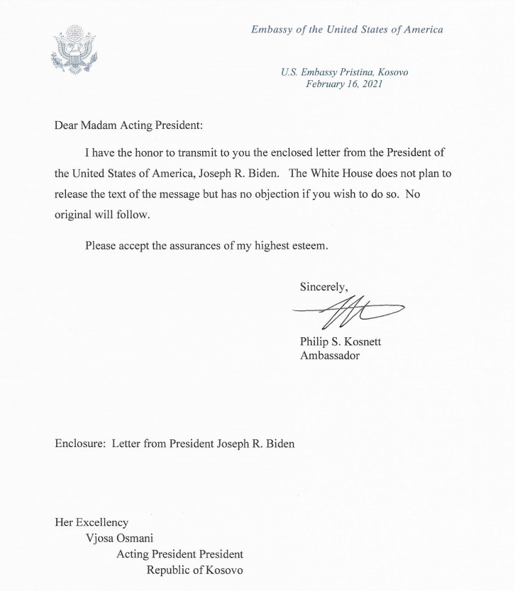 Biden congratulates Osmani on Kosovo Independence Day