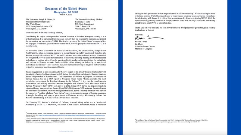 The US Congressman asks Biden and Blinken to support Kosovo’s membership in NATO