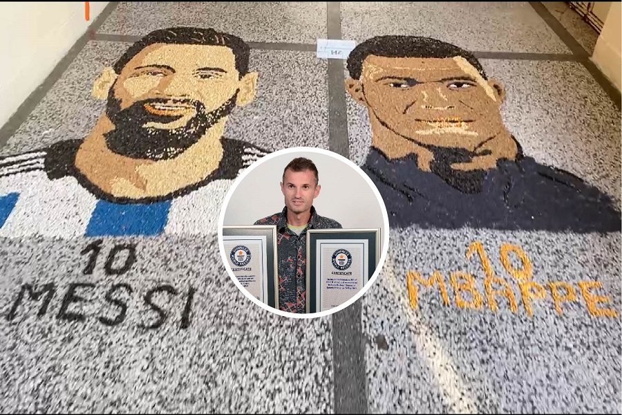 Alkent Pozhegu, the artist from Kosovo who created the mosaic of Messi and Mbappe with grains (VIDEO)