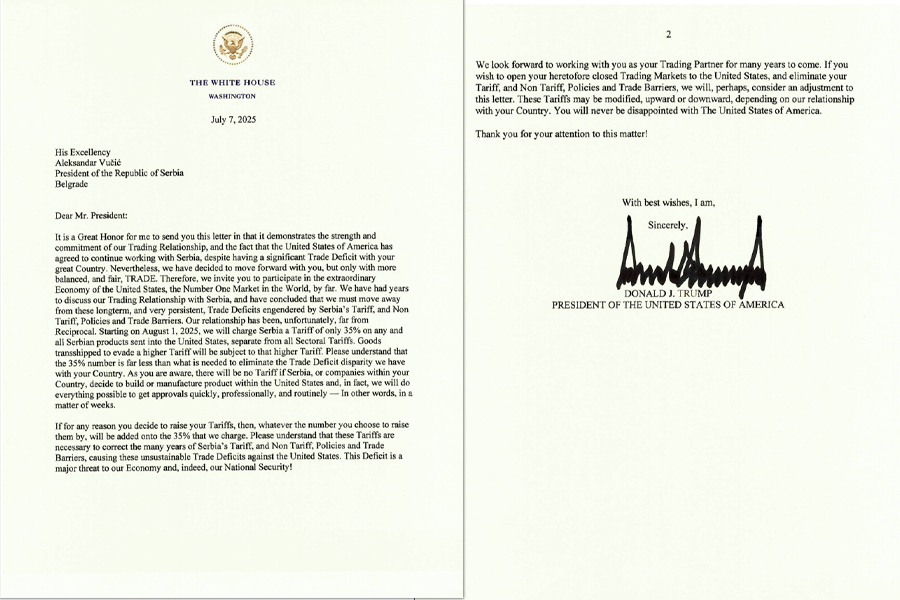 Trump warns a 35% tariff on Serbia