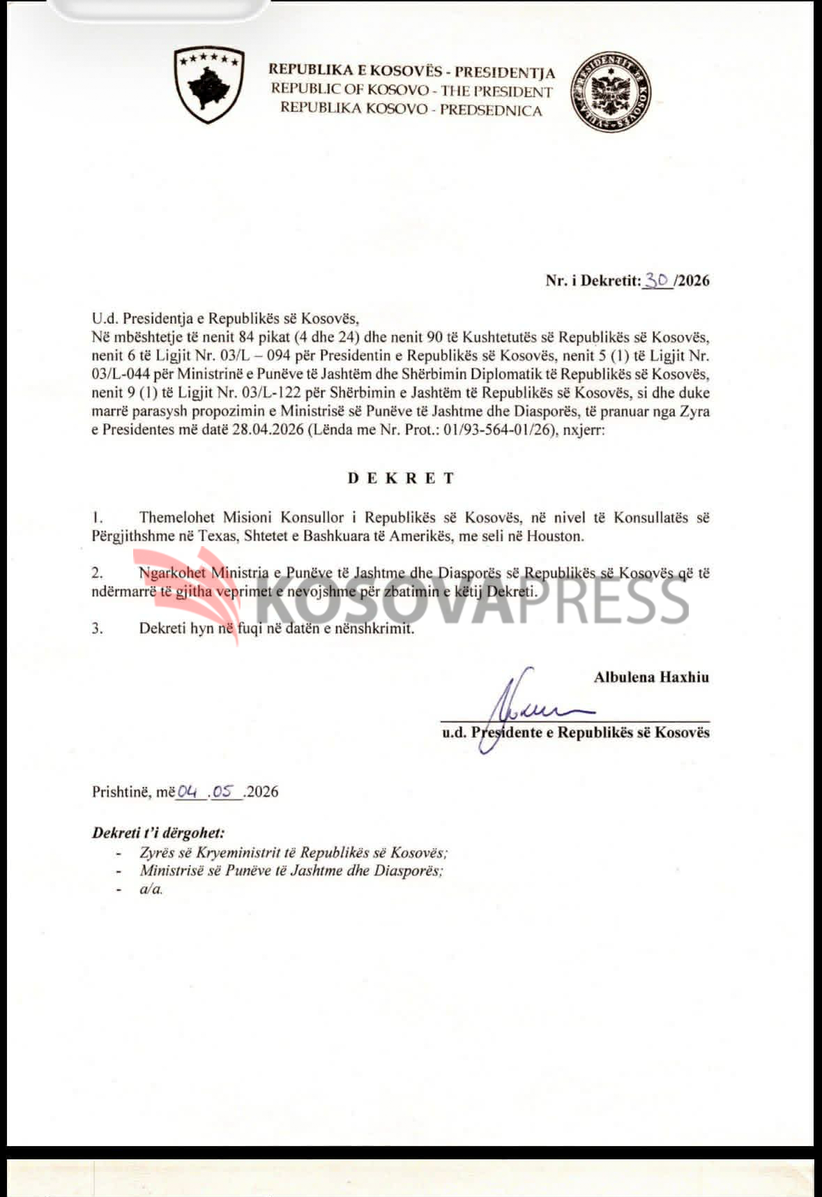 Kosovo to establish a new consulate in the USA, decree signed (Document)
