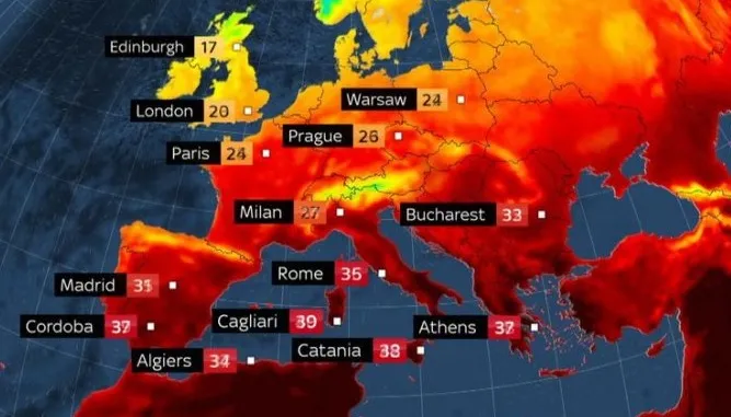 Evropa në valën e të nxehtit Evropa po përgatitet për një valë të nxehti që mund të thyejë rekordet e temperaturave për qershorin Kjo është vala e dytë e të nxehtit që godet Evropën Perëndimore në më pak se një muaj  shkruan atsh afp  transmeton   
